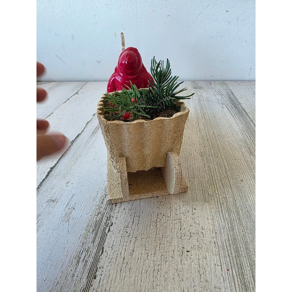 Vintage pressed cardboard mica Santa sleigh reindeer display planter container
